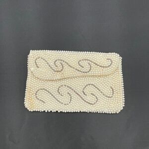 Vintage Cream & Silver Beaded Faux Pearl Clutch Wallet Bridal Victorian Art Deco